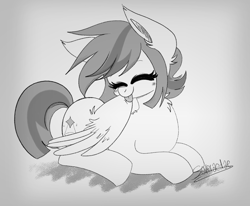 Size: 2000x1650 | Tagged: safe, artist:saveraedae, imported from derpibooru, oc, oc only, oc:double w, pegasus, pony, cute, eyes closed, female, grayscale, grooming, licking, monochrome, preening, sketch, solo, tongue out, wings