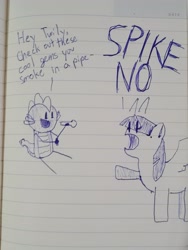 Size: 3024x4032 | Tagged: safe, artist:fluttershank, imported from derpibooru, spike, twilight sparkle, alicorn, dragon, pony, dot eyes, drug use, drugs, duo, lined paper, pen drawing, sketch, traditional art, twilight sparkle (alicorn)