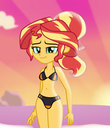 Size: 1024x1194 | Tagged: safe, artist:emeraldblast63, imported from derpibooru, sunset shimmer, equestria girls, beautiful, bikini, clothes, sleeveless, sunset, swimsuit