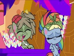 Size: 1440x1080 | Tagged: safe, imported from derpibooru, screencap, dishwater slog, rainbow dash, earth pony, pegasus, pony, my little pony: pony life, spoiler:pony life s02e04, animated, cotton candy-colored glasses, fancy banana moonbeam, female, g4.5, male, mare, pony life, sound, stallion, webm, wrong aspect ratio