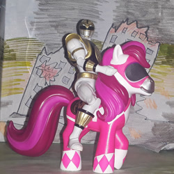 Size: 1280x1282 | Tagged: safe, artist:dex stewart, imported from derpibooru, earth pony, human, pony, action figure, gosei sentai dairanger, hasbro, irl, kibaranger, kyoryu sentai zyuranger, merchandise, mighty morphin power rangers, morphin pink pony, official, photo, pink ranger, power rangers, pteraranger, riding, riding a pony, super sentai, toy, white ranger