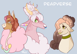 Size: 1280x895 | Tagged: safe, artist:sodafalls, imported from derpibooru, oc, oc only, oc:angel delight, oc:bubble chai, oc:éclair, draconequus, pony, blue background, bust, interspecies offspring, offspring, parent:cheese sandwich, parent:discord, parent:pinkie pie, parents:cheesepie, parents:discopie, portrait, simple background