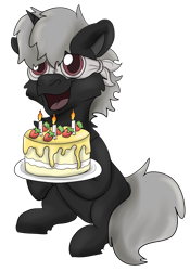 Size: 968x1380 | Tagged: safe, artist:euspuche, imported from derpibooru, oc, oc:pustka, unicorn, birthday cake, cake, candle, cheek fluff, food, looking at you, simple background, sitting, smiling, transparent background