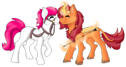 Size: 2659x1427 | Tagged: safe, artist:euspuche, imported from derpibooru, oc, oc only, earth pony, kirin, chest fluff, female, male, mare, riding crop, simple background, smiling, transparent background