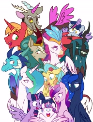Size: 3140x4096 | Tagged: safe, alternate version, artist:chub-wub, imported from derpibooru, big macintosh, derpy hooves, princess cadance, princess celestia, princess ember, princess flurry heart, princess luna, princess skystar, queen chrysalis, queen novo, rain shine, twilight sparkle, alicorn, changeling, changeling queen, dragon, hippogriff, kirin, pegasus, pony, my little pony: the movie, alicorn costume, alicorn pentarchy, alicornified, baby, bigmacicorn, clothes, costume, cute, dragoness, fake horn, fake wings, female, flurrybetes, mare, nightmare night costume, one of these things is not like the others, open mouth, princess big mac, princess derpy, race swap, royal sisters, siblings, simple background, sisters, toilet paper roll, toilet paper roll horn, twilight muffins, twilight sparkle (alicorn), white background, wig