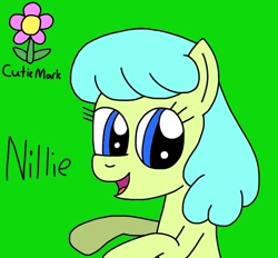 Size: 753x698 | Tagged: safe, artist:yorkyloves, imported from derpibooru, oc, oc:nillie, earth pony, pony, ask, ask juby, cutie mark, female, flower, green background, hooves, hooves up, mare, open mouth, rearing, signature, simple background, smiling, tumblr, underhoof