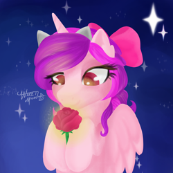 Size: 2066x2066 | Tagged: safe, artist:waretmilout, imported from derpibooru, alicorn, pony, commission, cute, flower, high res, light, night, pink, purple, romantic, rose, stars