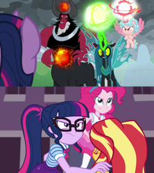 Size: 1920x2160 | Tagged: safe, edit, edited screencap, imported from derpibooru, screencap, cozy glow, lord tirek, pinkie pie, queen chrysalis, sci-twi, sunset shimmer, twilight sparkle, alicorn, centaur, changeling, changeling queen, pony, equestria girls, equestria girls series, forgotten friendship, the ending of the end, alicornified, comparison, cozycorn, female, geode of sugar bombs, geode of telekinesis, glasses, magical geodes, race swap, twilight sparkle (alicorn), ultimate chrysalis