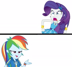 Size: 2289x2128 | Tagged: safe, imported from derpibooru, rainbow dash, rarity, equestria girls, equestria girls series, holidays unwrapped, rollercoaster of friendship, spoiler:eqg series (season 2), angry, bedroom eyes, comments, geode of shielding, geode of super speed, high res, implied sunset shimmer, lidded eyes, magical geodes, meme, meme template, rage, rarirage, rarity anger at rainbow dash meme, yelling