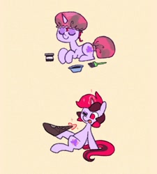 Size: 941x1046 | Tagged: safe, artist:dawnfire, oc, oc only, oc:dawnfire, pony, unicorn, clothes, dressing, eyes closed, female, hair dye, horn, magic, mare, ripped stockings, solo, stockings, telekinesis, thigh highs, tongue out, unicorn oc