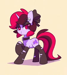Size: 1443x1602 | Tagged: safe, artist:dawnfire, imported from ponybooru, oc, oc only, oc:dawnfire, pony, unicorn, bow, clothes, collar, ear piercing, earring, eyeshadow, female, hair bow, horn, jewelry, lidded eyes, makeup, mare, piercing, raised hoof, raised leg, ripped stockings, signature, smiling, socks, solo, stockings, thigh highs, unicorn oc