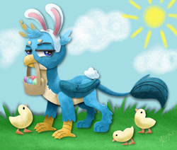 Size: 1280x1086 | Tagged: safe, artist:catscratchpaper, imported from derpibooru, gallus, bird, chicken, griffon, basket, bunny ears, bunny tail, cloud, cute, cutout, easter, easter egg, gallabetes, gallus is not amused, grass, holiday, sun, unamused