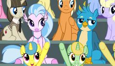 Size: 236x136 | Tagged: safe, imported from ponybooru, screencap, gallus, silverstream, griffon, hippogriff, pegasus, pony, unicorn, friendship student, lidded eyes, looking at someone, looking at something, necktie, open mouth, raised hoof, raised leg, sitting, students