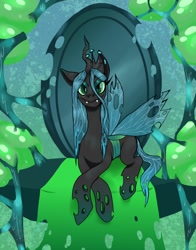 Size: 1006x1280 | Tagged: safe, artist:quesodilla, imported from ponybooru, queen chrysalis, changeling, changeling queen, changeling hive, crown, ears, egg, fangs, female, floppy ears, green eyes, hive, jewelry, lidded eyes, prone, regalia, slime, slit eyes, smiling, solo, spread wings, throne, wings