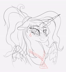 Size: 3754x4096 | Tagged: safe, artist:to_fat_to_fly, alicorn, pony, blushing, female, horn, jewelry, mare, necklace, sketch, smiling, solo, wings