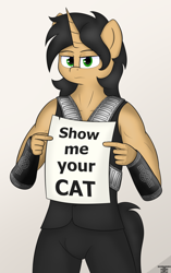 Size: 1368x2184 | Tagged: safe, artist:schwarzesskreuz, imported from derpibooru, oc, oc only, oc:the cat, anthro, pony, unicorn, horn, kiss (band), looking at you, male, paper, rock, simple background, solo, stallion, text, unicorn oc