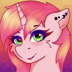 Size: 2931x2931 | Tagged: safe, artist:legionsunite, imported from derpibooru, oc, oc only, pony, unicorn, background, ear piercing, freckles, high res, piercing, smiling