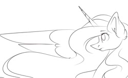 Size: 1080x667 | Tagged: safe, artist:tessa_key_, imported from derpibooru, princess celestia, alicorn, pony, ear fluff, female, horn, lineart, mare, monochrome, simple background, solo, white background, wings