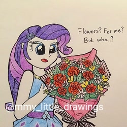 Size: 1068x1068 | Tagged: safe, artist:mmy_little_drawings, imported from derpibooru, rarity, equestria girls, equestria girls series, bouquet, clothes, comic, eyelashes, female, flower, obtrusive watermark, open mouth, rarity peplum dress, solo, talking, traditional art, watermark