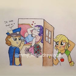 Size: 1079x1079 | Tagged: safe, artist:mmy_little_drawings, imported from derpibooru, applejack, rarity, equestria girls, equestria girls series, blushing, bouquet, clothes, comic, eyelashes, fainting couch, female, flower, freckles, geode of shielding, geode of super strength, grin, hat, heart, lesbian, lesbian in front of boys, magical geodes, mailmare, male, obtrusive watermark, open mouth, rarijack, rarity peplum dress, shipping, smiling, talking, traditional art, watermark