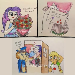 Size: 1080x1080 | Tagged: safe, artist:mmy_little_drawings, imported from derpibooru, applejack, rarity, equestria girls, equestria girls series, blushing, bouquet, clothes, comic, dialogue, eyelashes, fainting couch, female, flower, freckles, grin, hat, heart, lesbian, lesbian in front of boys, mailmare, male, obtrusive watermark, open mouth, rarijack, shipping, smiling, solo, traditional art, watermark