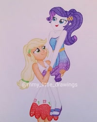 Size: 1079x1349 | Tagged: safe, artist:mmy_little_drawings, imported from derpibooru, applejack, rarity, equestria girls, equestria girls series, spring breakdown, spoiler:eqg series (season 2), clothes, dress, eyelashes, feet, female, freckles, lesbian, looking up, obtrusive watermark, rarijack, sandals, shipping, sleeveless, smiling, traditional art, watermark