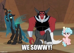 Size: 590x423 | Tagged: safe, edit, edited screencap, imported from derpibooru, screencap, cozy glow, lord tirek, queen chrysalis, centaur, changeling, changeling queen, pegasus, pony, frenemies (episode), season 9, spoiler:s09, a better ending for chrysalis, a better ending for cozy, a better ending for tirek, apologizing, bow, bracer, caption, cloven hooves, colored hooves, cozybetes, cropped, crown, curly mane, cute, cutealis, female, filly, foal, frown, hair bow, image macro, imgflip, jewelry, male, mare, nose piercing, nose ring, open mouth, piercing, regalia, sad, septum piercing, sitting, tail bow, text, tirebetes, trio