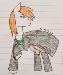 Size: 2966x3526 | Tagged: safe, artist:agdapl, imported from derpibooru, oc, oc only, earth pony, pony, boots, cape, clothes, earth pony oc, high res, lined paper, looking back, raised hoof, shoes, signature, solo, traditional art