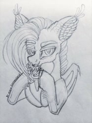 Size: 766x1024 | Tagged: safe, artist:maryhoovesfield, imported from derpibooru, oc, oc only, bat pony, food pony, original species, pony, bat pony oc, bat wings, bust, ear fluff, food, grayscale, hoof hold, ice cream cone, licking, lineart, monochrome, ponified, signature, solo, tongue out, traditional art, wings