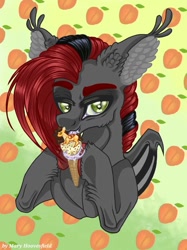 Size: 765x1024 | Tagged: safe, alternate version, artist:maryhoovesfield, imported from derpibooru, oc, oc only, bat pony, food pony, pony, bat pony oc, bust, colored, ear fluff, food, hoof hold, ice cream cone, licking, ponified, signature, tongue out