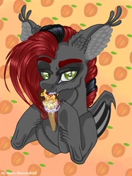 Size: 765x1024 | Tagged: safe, alternate version, artist:maryhoovesfield, imported from derpibooru, oc, oc only, bat pony, food pony, original species, pony, bat pony oc, bat wings, bust, colored, ear fluff, food, hoof hold, ice cream cone, licking, ponified, signature, tongue out, wings