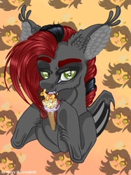 Size: 765x1024 | Tagged: safe, alternate version, artist:maryhoovesfield, imported from derpibooru, oc, oc only, bat pony, food pony, pony, bat pony oc, bust, colored, ear fluff, food, hoof hold, ice cream cone, licking, ponified, signature, tongue out