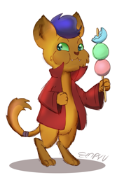 Size: 667x1000 | Tagged: safe, artist:empyu, imported from derpibooru, imported from ponybooru, capper dapperpaws, abyssinian, anthro, cat, felyne, my little pony: the movie, 45 minute art challenge, clothes, cute, dango, dumplings, eating, food, male, mochi, monster hunter, palico, signature, solo