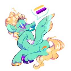 Size: 916x916 | Tagged: safe, artist:occultusion, artist:onionpwder, imported from derpibooru, zephyr breeze, pegasus, pony, eyes closed, eyeshadow, grin, headcanon, lgbt headcanon, makeup, nonbinary, nonbinary pride flag, pride, pride flag, raised hoof, sexuality headcanon, simple background, smiling, solo, unshorn fetlocks, white background