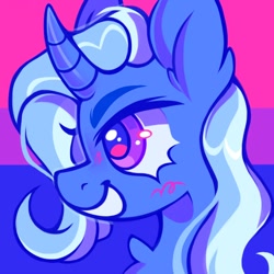 Size: 1000x1000 | Tagged: safe, artist:occultusion, artist:onionpwder, imported from derpibooru, trixie, pony, unicorn, derpibooru, alternate hairstyle, bisexual, bisexual pride flag, blushing, curved horn, female, grin, headcanon, horn, juxtaposition, lgbt headcanon, mare, meta, pride, pride flag, sexuality headcanon, smiling, solo