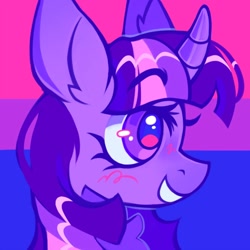 Size: 1000x1000 | Tagged: safe, artist:occultusion, artist:onionpwder, imported from derpibooru, twilight sparkle, alicorn, pony, derpibooru, alternate hairstyle, bisexual, bisexual pride flag, blushing, curved horn, female, grin, headcanon, horn, icon, juxtaposition, lgbt headcanon, mare, meta, pride, pride flag, sexuality headcanon, smiling, solo, twilight sparkle (alicorn)