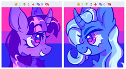 Size: 489x268 | Tagged: safe, artist:occultusion, artist:onionpwder, imported from derpibooru, trixie, twilight sparkle, pony, derpibooru, bisexual pride flag, duo, female, juxtaposition, lesbian, meta, pride, pride flag, shipping, twixie