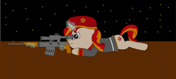 Size: 2801x1271 | Tagged: safe, artist:eminent entropy, derpibooru exclusive, imported from derpibooru, sunset shimmer, pony, unicorn, clothes, command and conquer, command and conquer: red alert, command and conquer: red alert 3, crossover, cutie mark, female, gun, horn, magic, natasha volkova, optical sight, red alert, red alert 3, rifle, scope, sniper, sniper rifle, sniperskya vintovka dragunova, solo, soviet, soviet shimmer, soviet union, stars, svd, uniform, weapon