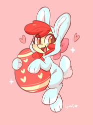 Size: 765x1024 | Tagged: safe, artist:colorfulcolor233, artist:oofycolorful, imported from derpibooru, apple bloom, earth pony, pony, adorabloom, animal costume, bunny costume, clothes, costume, cute, easter, easter bunny, easter egg, eye clipping through hair, eyebrows, eyebrows visible through hair, female, filly, foal, heart, holiday, kigurumi, open mouth, open smile, pink background, red background, signature, simple background, smiling, solo, weapons-grade cute