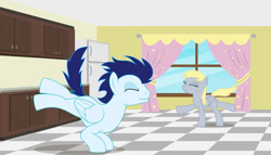 Size: 1280x732 | Tagged: safe, artist:snap1994, imported from derpibooru, derpy hooves, soarin', pegasus, cute, dancing, derpabetes, derpin', duo, eyes closed, female, kitchen, male, mare, refrigerator, shipping, soarinbetes, stallion, straight, window