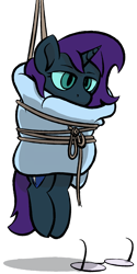 Size: 1000x2000 | Tagged: safe, artist:skookz, imported from derpibooru, oc, oc only, oc:nyx, alicorn, pony, alicorn oc, blanket, blanket burrito, bondage, bored, female, filly, glasses, glasses off, hanging, horn, rope, simple background, solo, tied up, transparent background, unsexy bondage, wings
