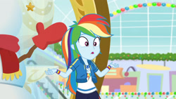 Size: 3410x1920 | Tagged: safe, imported from derpibooru, screencap, rainbow dash, equestria girls, equestria girls series, holidays unwrapped, spoiler:eqg series (season 2), clothes, cutie mark, cutie mark on clothes, dashing through the mall, female, geode of super speed, hoodie, jewelry, magical geodes, necklace, open mouth, solo