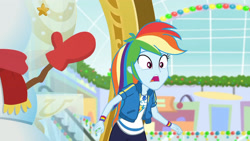 Size: 3410x1920 | Tagged: safe, imported from derpibooru, screencap, rainbow dash, equestria girls, equestria girls series, holidays unwrapped, spoiler:eqg series (season 2), clothes, cutie mark, cutie mark on clothes, dashing through the mall, female, geode of super speed, hoodie, jewelry, magical geodes, necklace, open mouth, solo