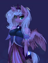 Size: 1581x2048 | Tagged: safe, artist:siripim111, imported from derpibooru, princess luna, alicorn, anthro, breasts, clothes, crown, detached sleeves, ear fluff, jewelry, purple background, regalia, shoulder fluff, shoulderless, simple background, solo, wing fluff