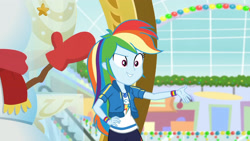 Size: 3410x1920 | Tagged: safe, imported from derpibooru, screencap, rainbow dash, equestria girls, equestria girls series, holidays unwrapped, spoiler:eqg series (season 2), clothes, cutie mark, cutie mark on clothes, dashing through the mall, female, geode of super speed, hoodie, jewelry, magical geodes, necklace, smiling, solo