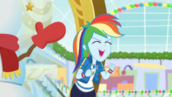 Size: 3410x1920 | Tagged: safe, imported from derpibooru, screencap, rainbow dash, equestria girls, equestria girls series, holidays unwrapped, spoiler:eqg series (season 2), clothes, cutie mark, cutie mark on clothes, dashing through the mall, eyes closed, female, geode of super speed, hoodie, jewelry, magical geodes, necklace, open mouth, smiling, solo