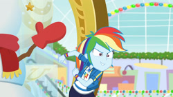 Size: 3410x1920 | Tagged: safe, imported from derpibooru, screencap, rainbow dash, equestria girls, equestria girls series, holidays unwrapped, spoiler:eqg series (season 2), clothes, cutie mark, cutie mark on clothes, dashing through the mall, faic, female, geode of super speed, hoodie, jewelry, magical geodes, necklace, rainbow dash is best facemaker, smiling, solo