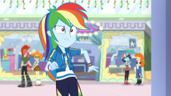 Size: 3410x1920 | Tagged: safe, imported from derpibooru, screencap, crimson napalm, golden hazel, ink jet, rainbow dash, scribble dee, equestria girls, equestria girls series, holidays unwrapped, spoiler:eqg series (season 2), background human, boots, canterlot mall, cap, clothes, cutie mark, cutie mark on clothes, dashing through the mall, dressup, female, geode of super speed, glasses, hat, holding hands, hoodie, jewelry, magical geodes, male, necklace, pants, plusplus, shoes, skirt, solo focus