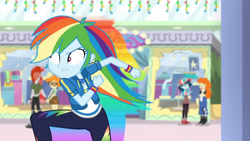 Size: 3410x1920 | Tagged: safe, imported from derpibooru, screencap, crimson napalm, rainbow dash, scribble dee, equestria girls, equestria girls series, holidays unwrapped, spoiler:eqg series (season 2), clothes, cutie mark, cutie mark on clothes, dashing through the mall, female, geode of super speed, hoodie, jewelry, magical geodes, male, necklace, rainbow trail, running, solo focus