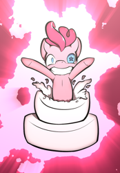 Size: 858x1236 | Tagged: safe, artist:afkregen, imported from derpibooru, pinkie pie, anthro, earth pony, semi-anthro, unguligrade anthro, cake, digital art, female, food, looking at you, solo, surprised, tail, teeth, thighs